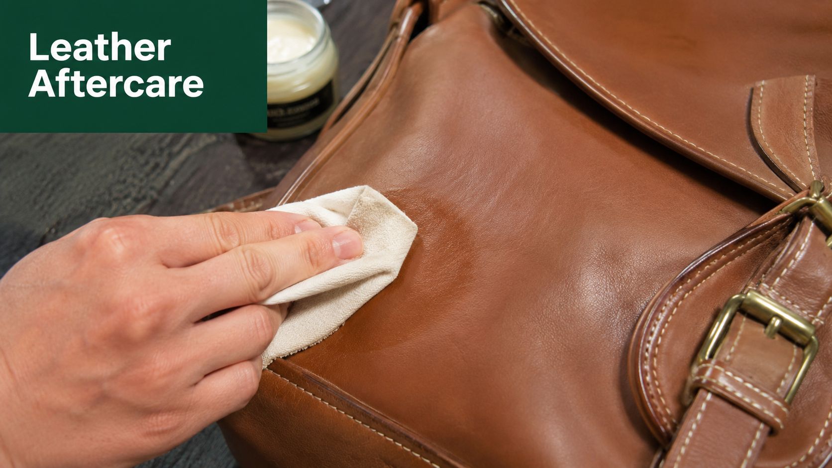 A person applying leather conditioner to a brown leather bag using a small cloth for maintenance.