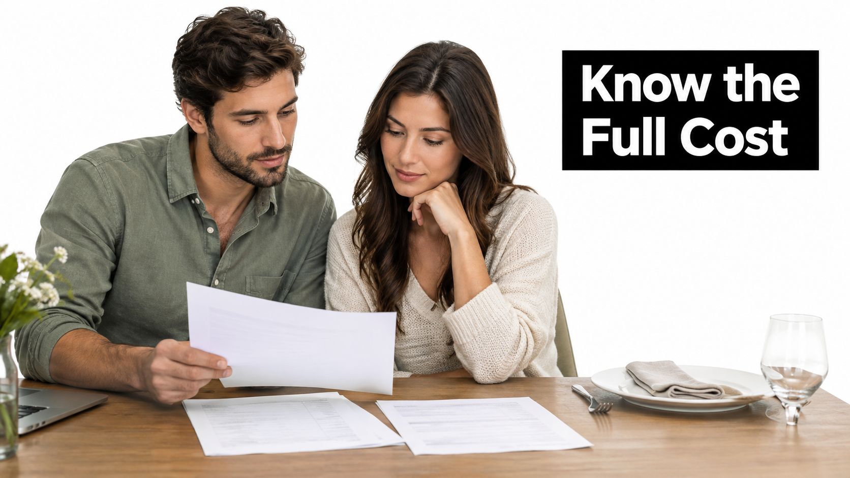 A couple reviews financial documents and wedding catering questions at a wooden table together.