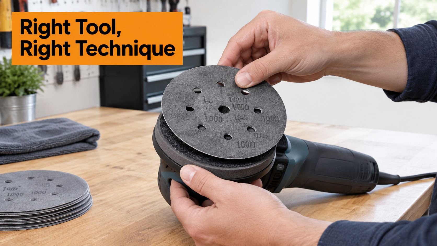 A person preparing to attach a 1000 grit circular sanding disc to an electric orbital sander.