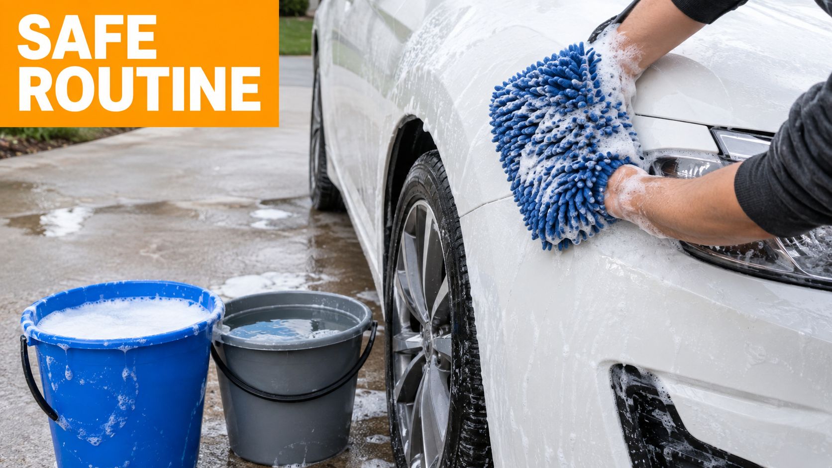 A person washing a white car with a blue microfiber wash mitt near two buckets of water.