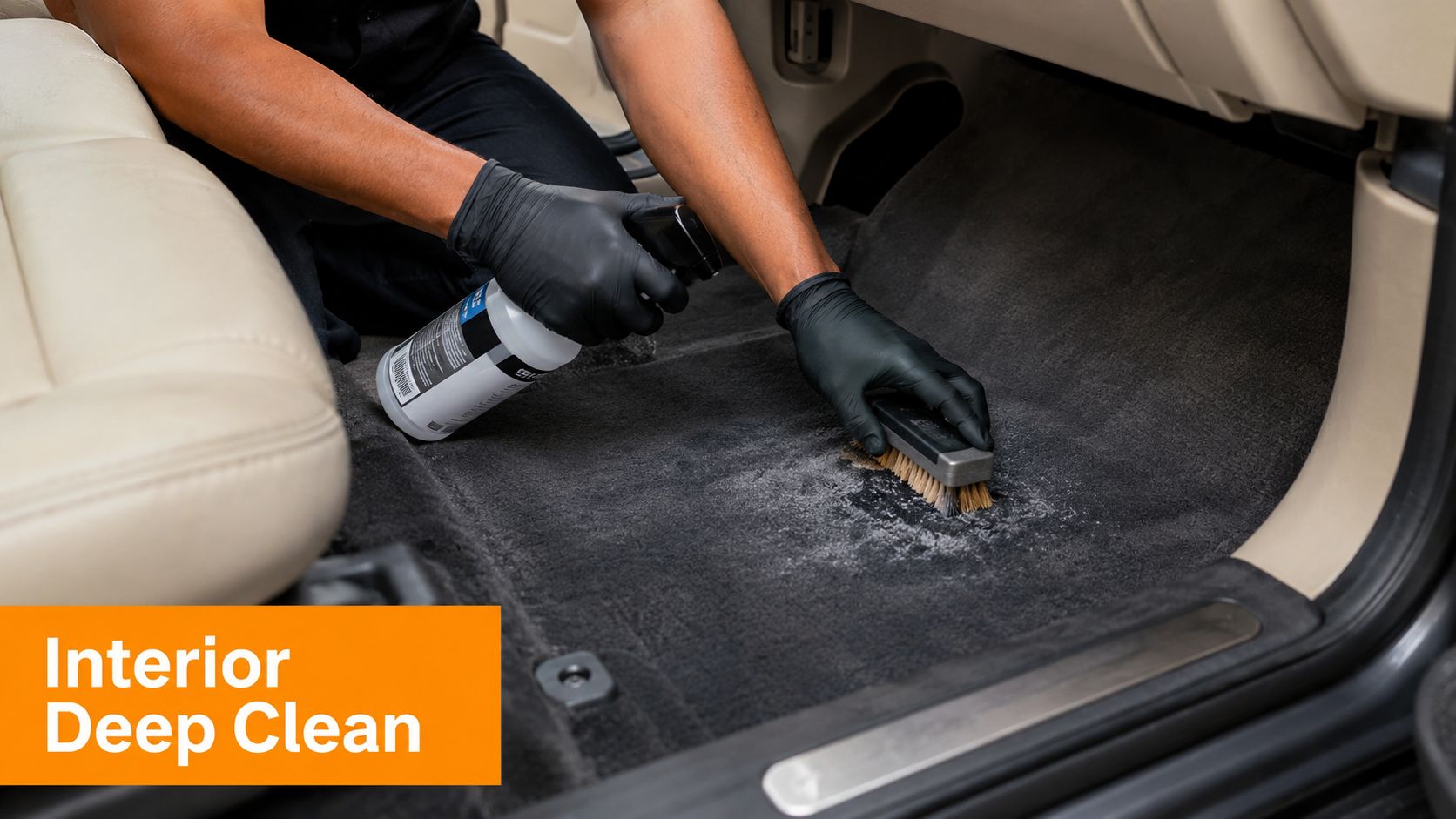 A professional detailer wearing black gloves scrubs a car floor mat to perform a deep interior clean.