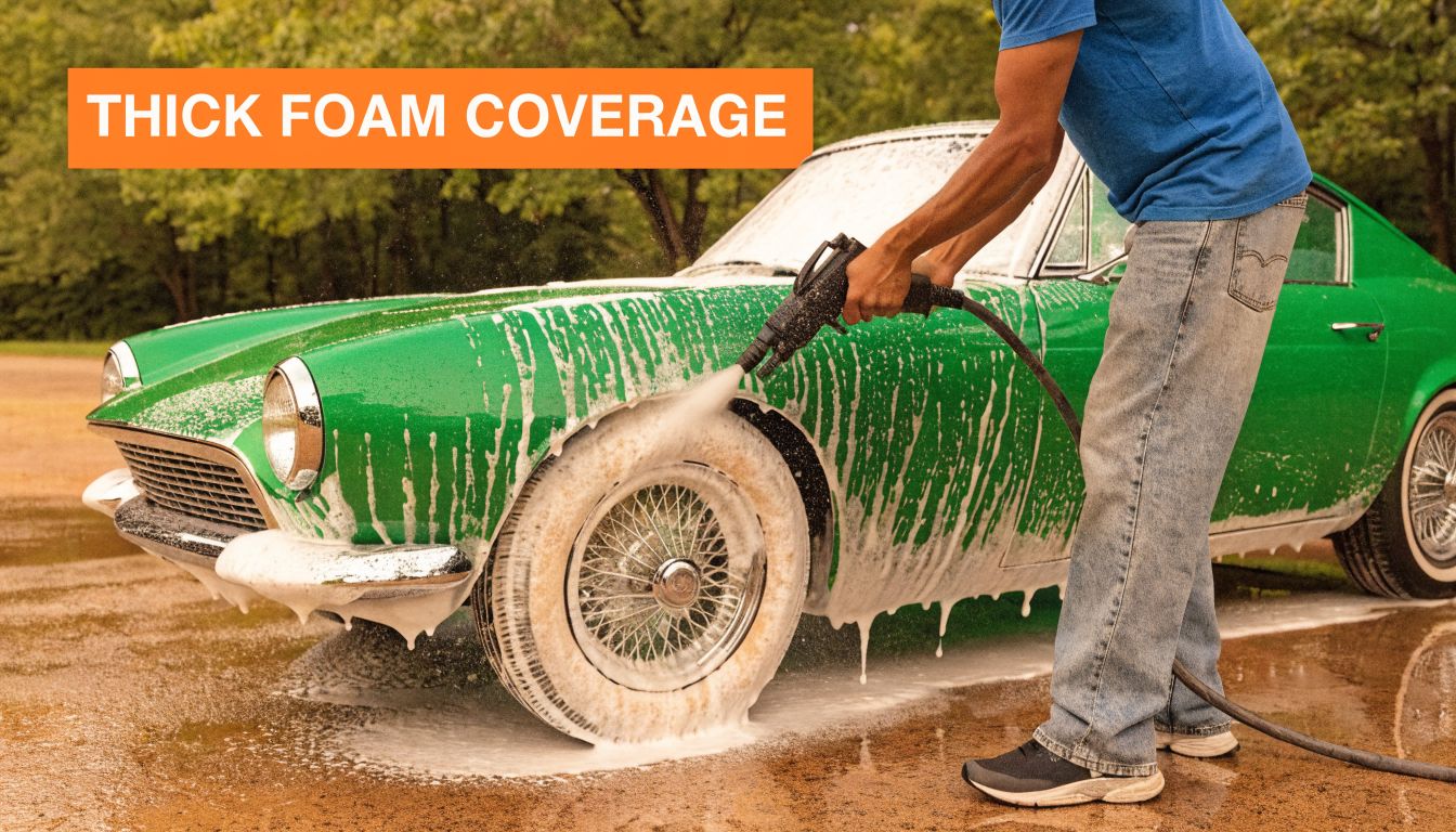 A person using a detail spray gun to apply thick foam coverage to a classic green car.
