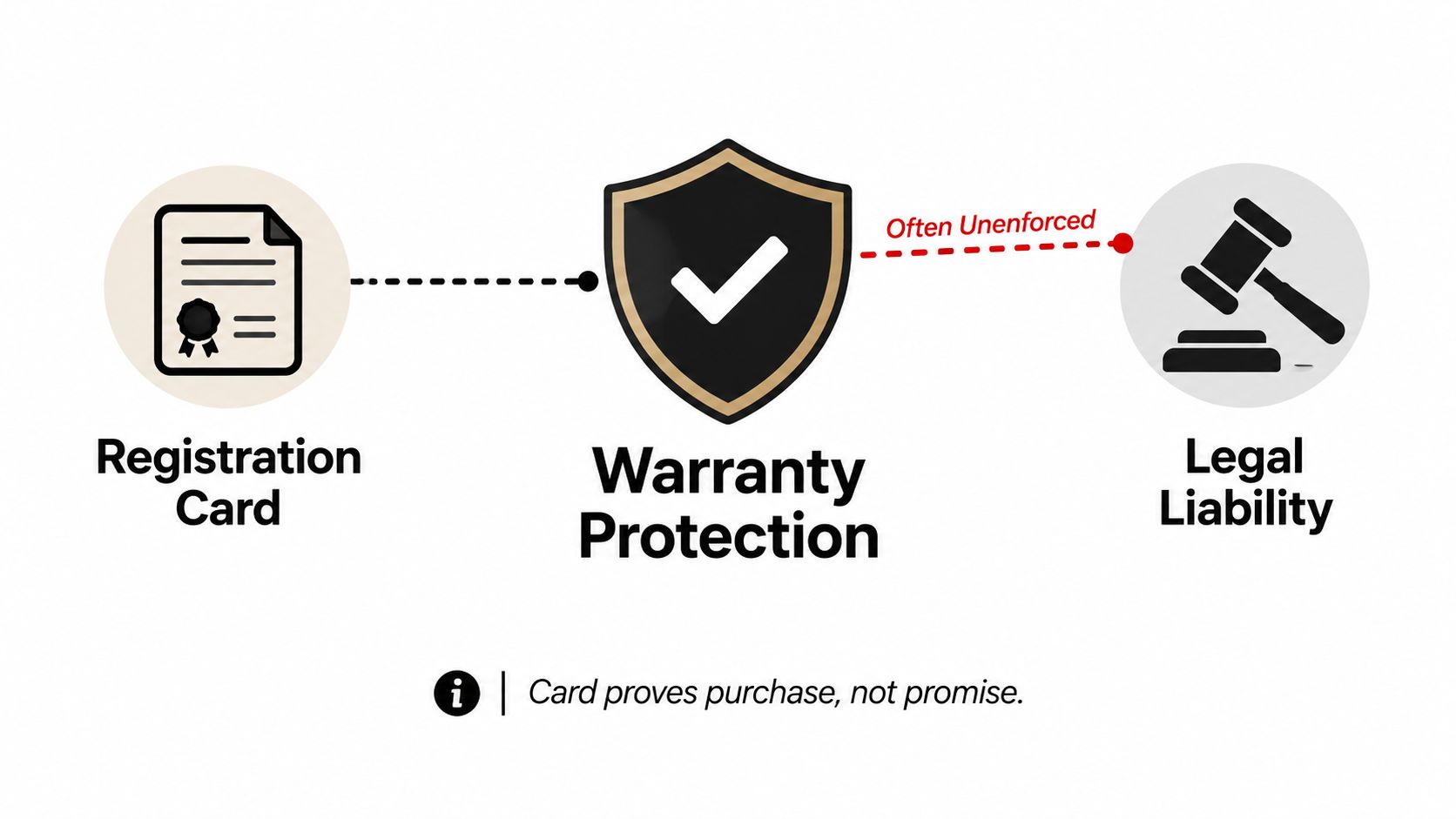 A diagram illustrating that registration cards prove purchase, but do not legally enforce warranty protection obligations.