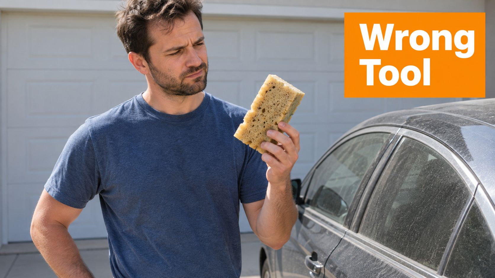 A man looking skeptically at an abrasive kitchen sponge while standing next to a dusty car.