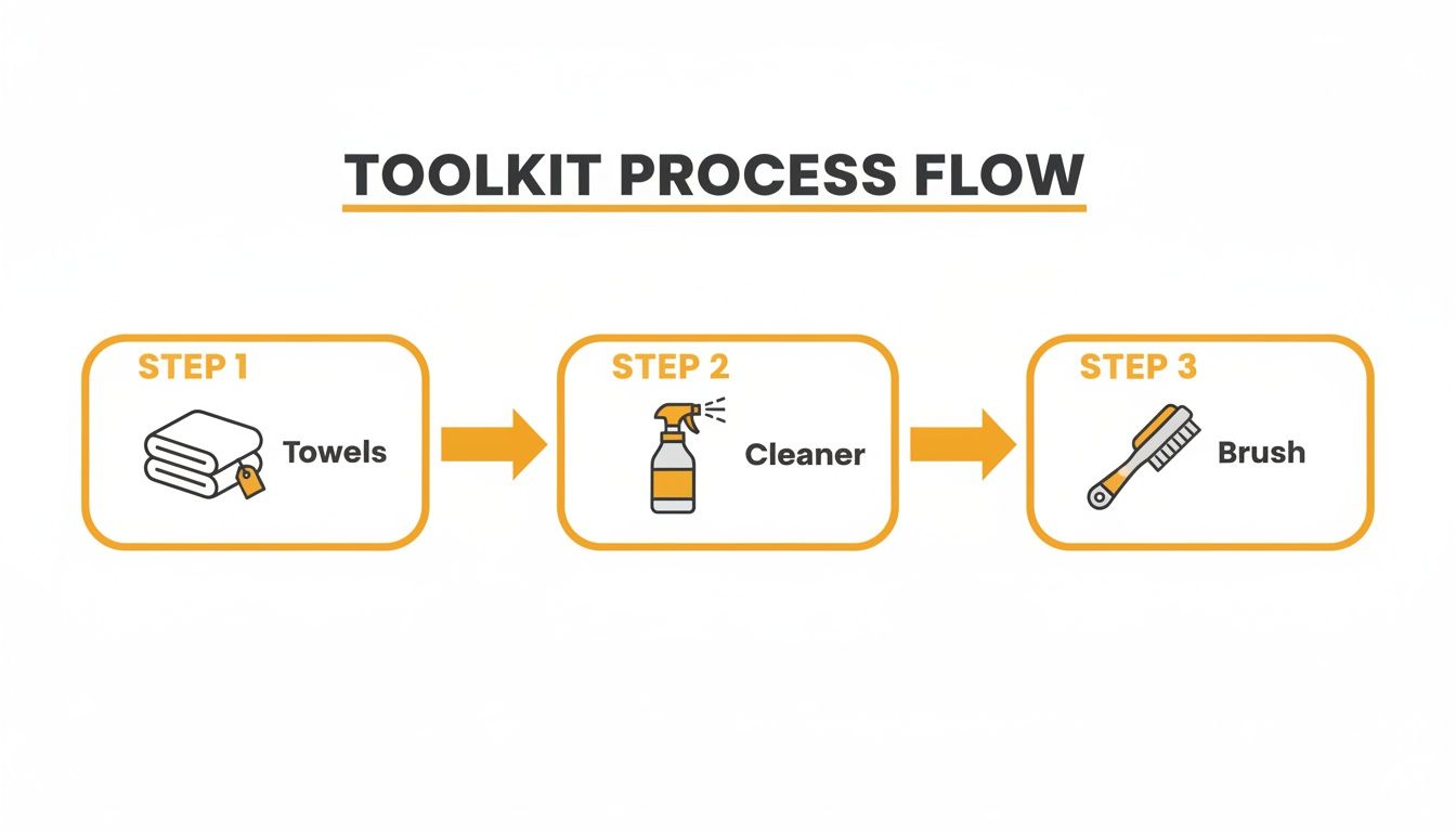 A toolkit process flow diagram showing towels, cleaner, and brush as three sequential cleaning steps.