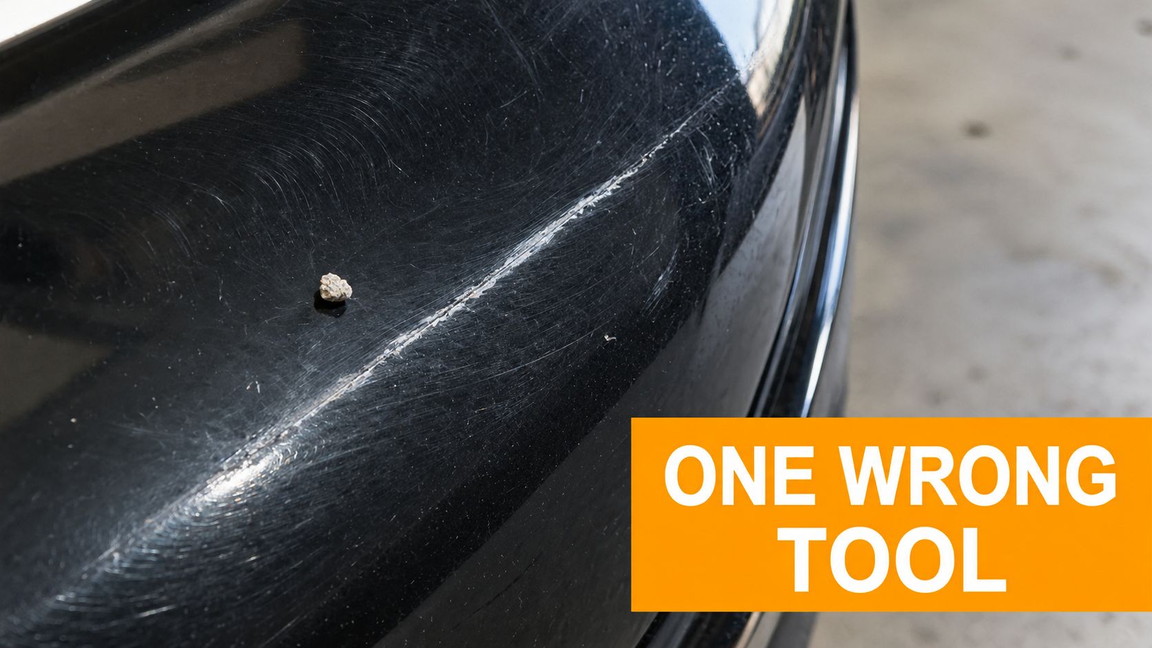 A close-up view of a scratched black car bumper with a small rock resting on surface.