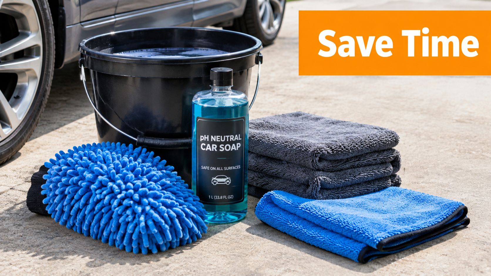 A professional DIY car cleaning kit including soap, microfiber towels, and a blue wash mitt for maintenance.