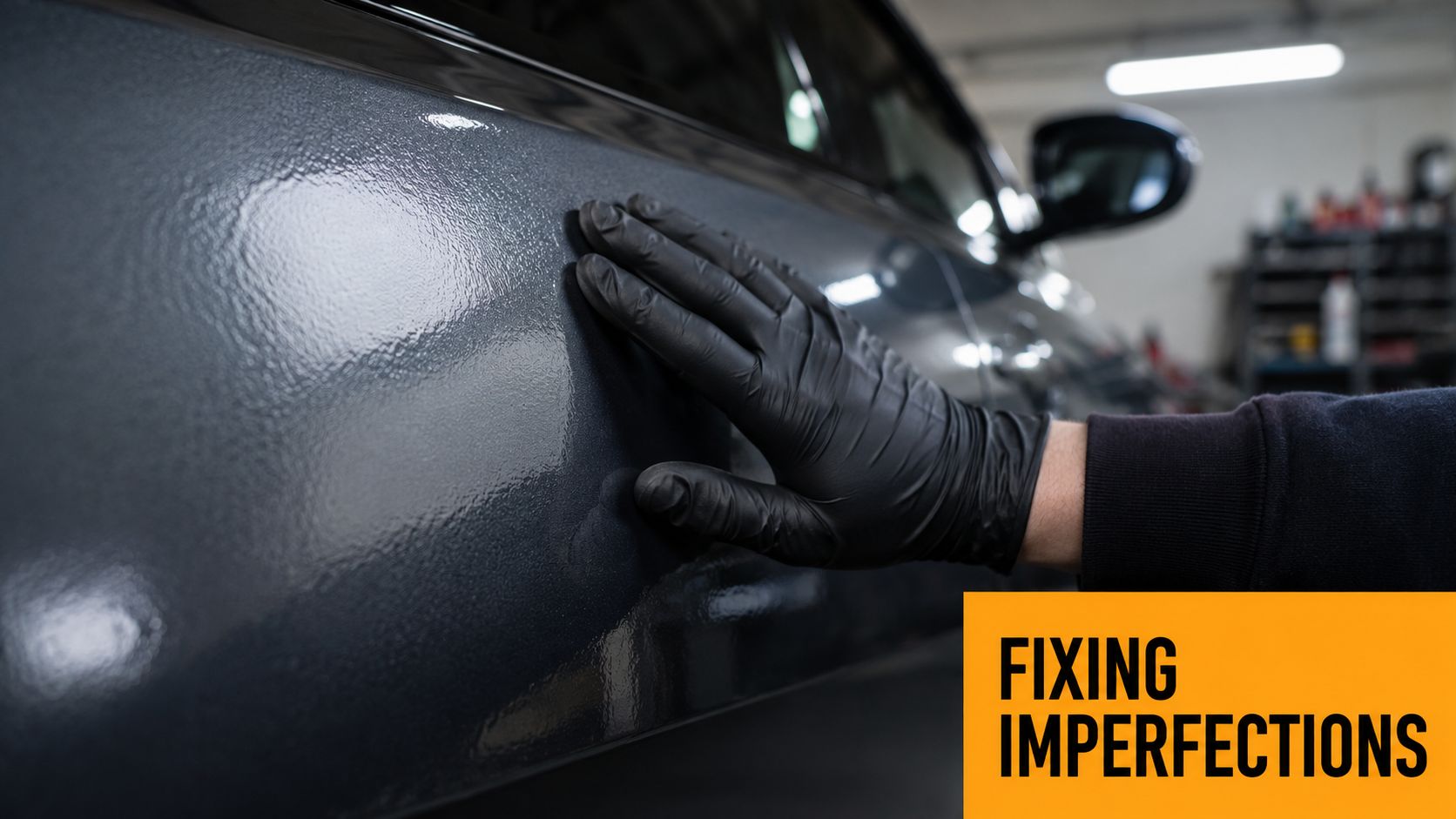 A gloved hand inspects a dark gray car door for paint imperfections in a garage.