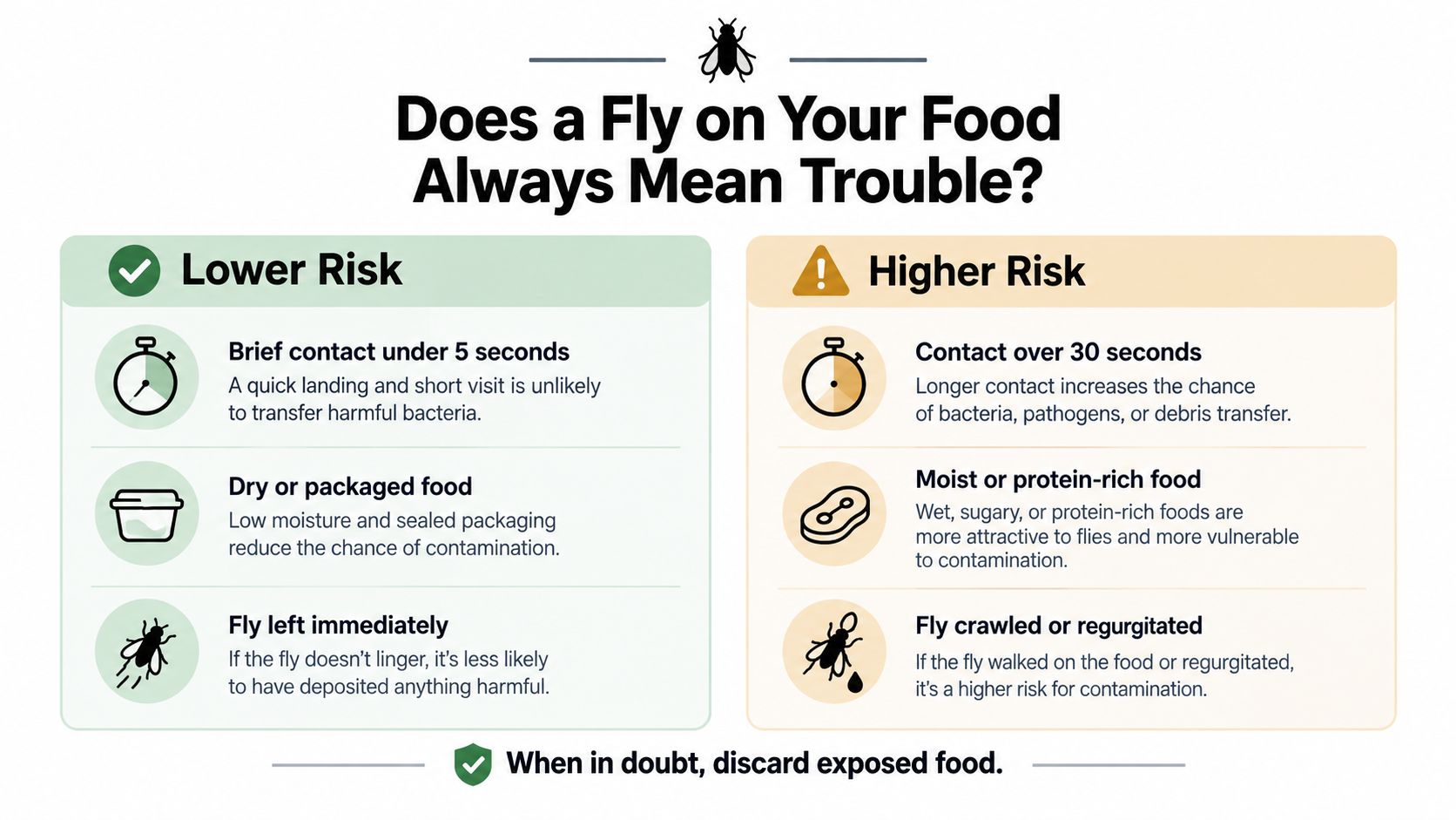 An infographic titled Does a Fly on Your Food Always Mean Trouble displaying lower and higher risk factors.