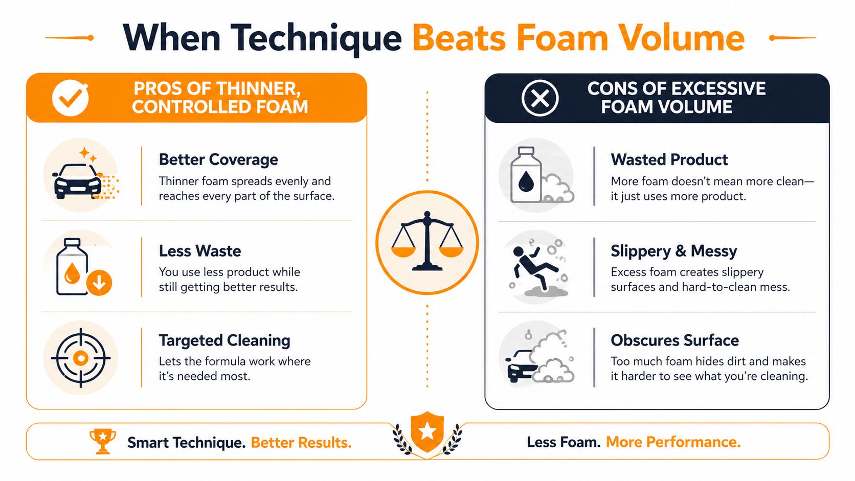 An infographic comparing the benefits of controlled thin foam application versus the drawbacks of excessive foam volume.