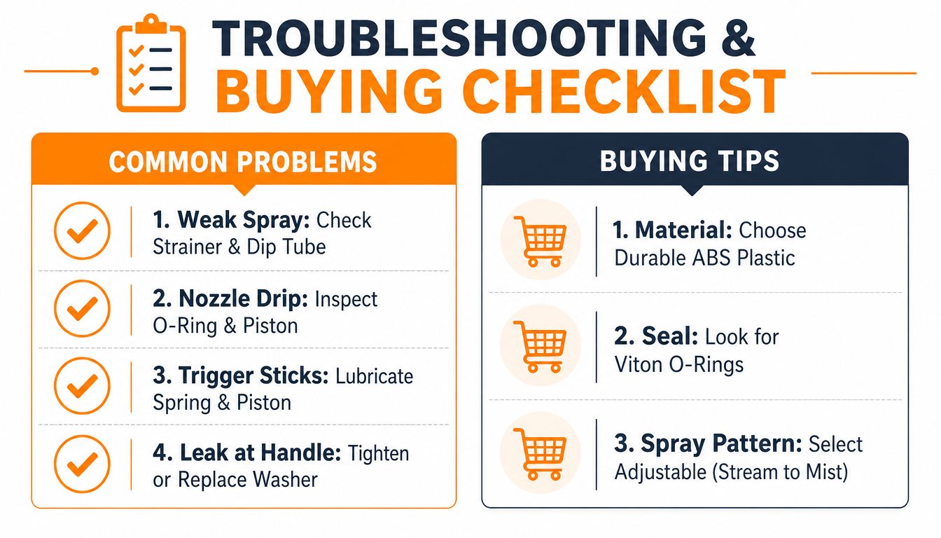 A troubleshooting and buying checklist for spray nozzles featuring common problems and useful purchasing tips.