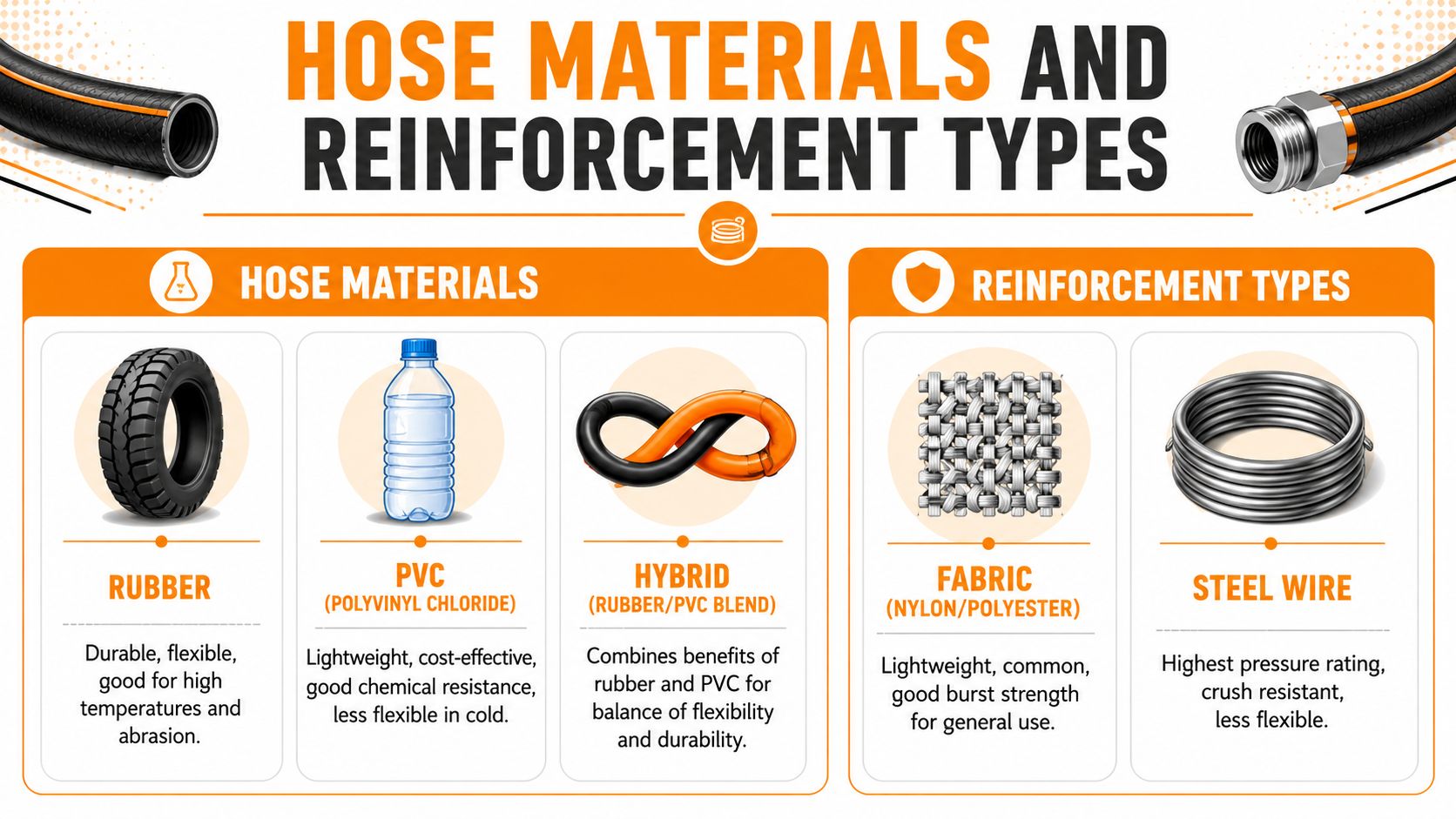 A visual guide comparing various hose materials like rubber, PVC, and hybrid alongside different reinforcement types.
