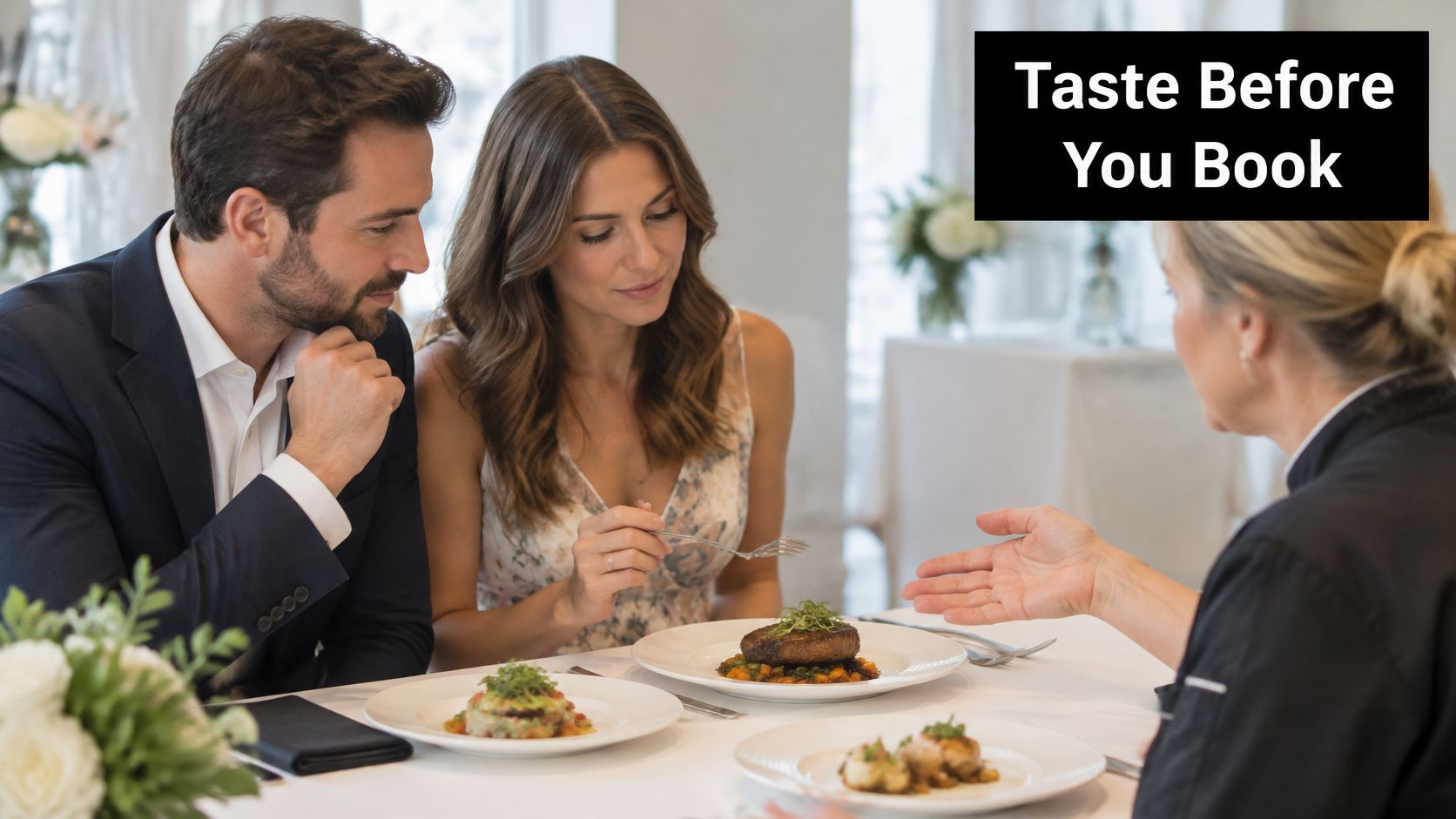 A professional chef presents gourmet wedding catering samples to an engaged couple at a tasting consultation.
