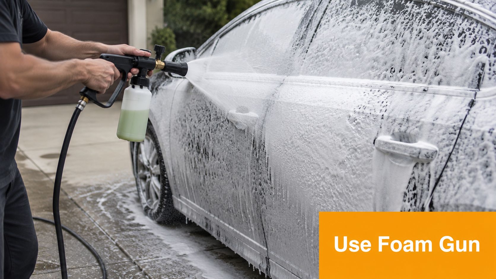 A person using a foam gun to spray soap suds onto a car for a deep clean.