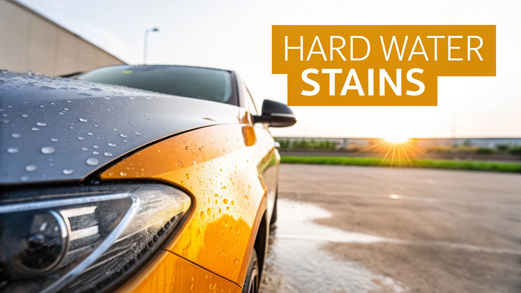 Close-up of a car with hard water stains and water droplets on its hood and fender at sunset.
