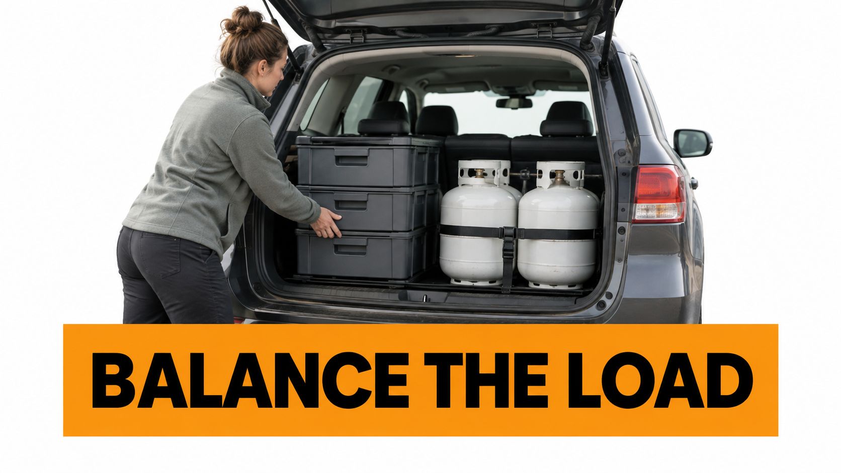 A woman loading camping gear and propane tanks into the back of a black SUV trunk.