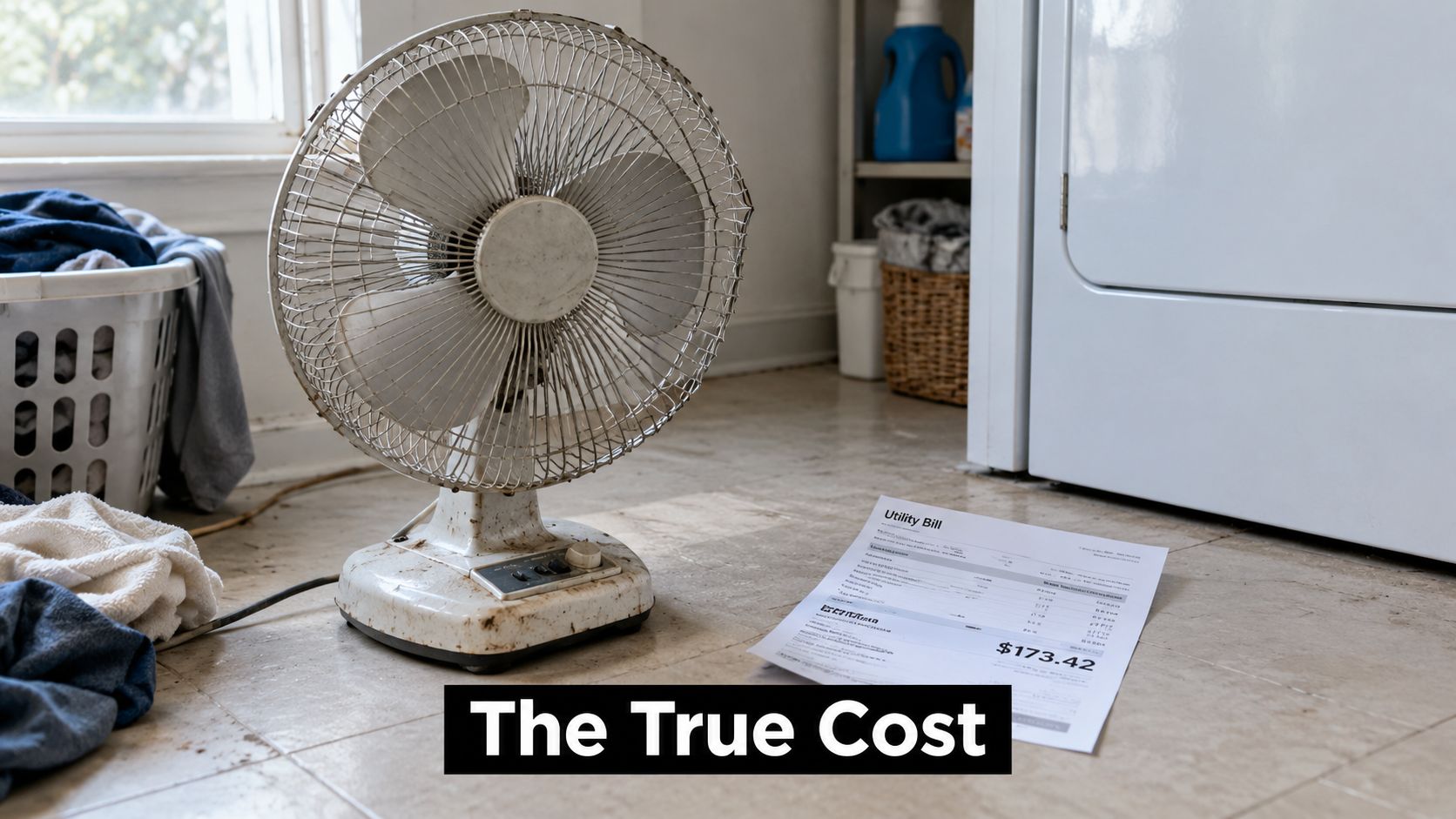 A dirty portable table fan sits on a tiled laundry room floor next to a utility bill.