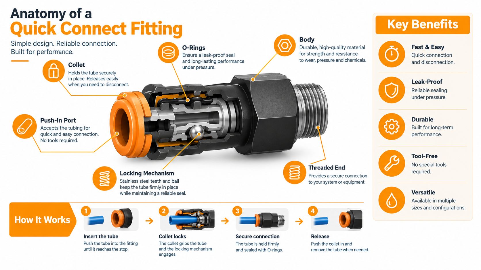 A detailed cross-section diagram of a quick connect pneumatic fitting showing its internal components and functionality.