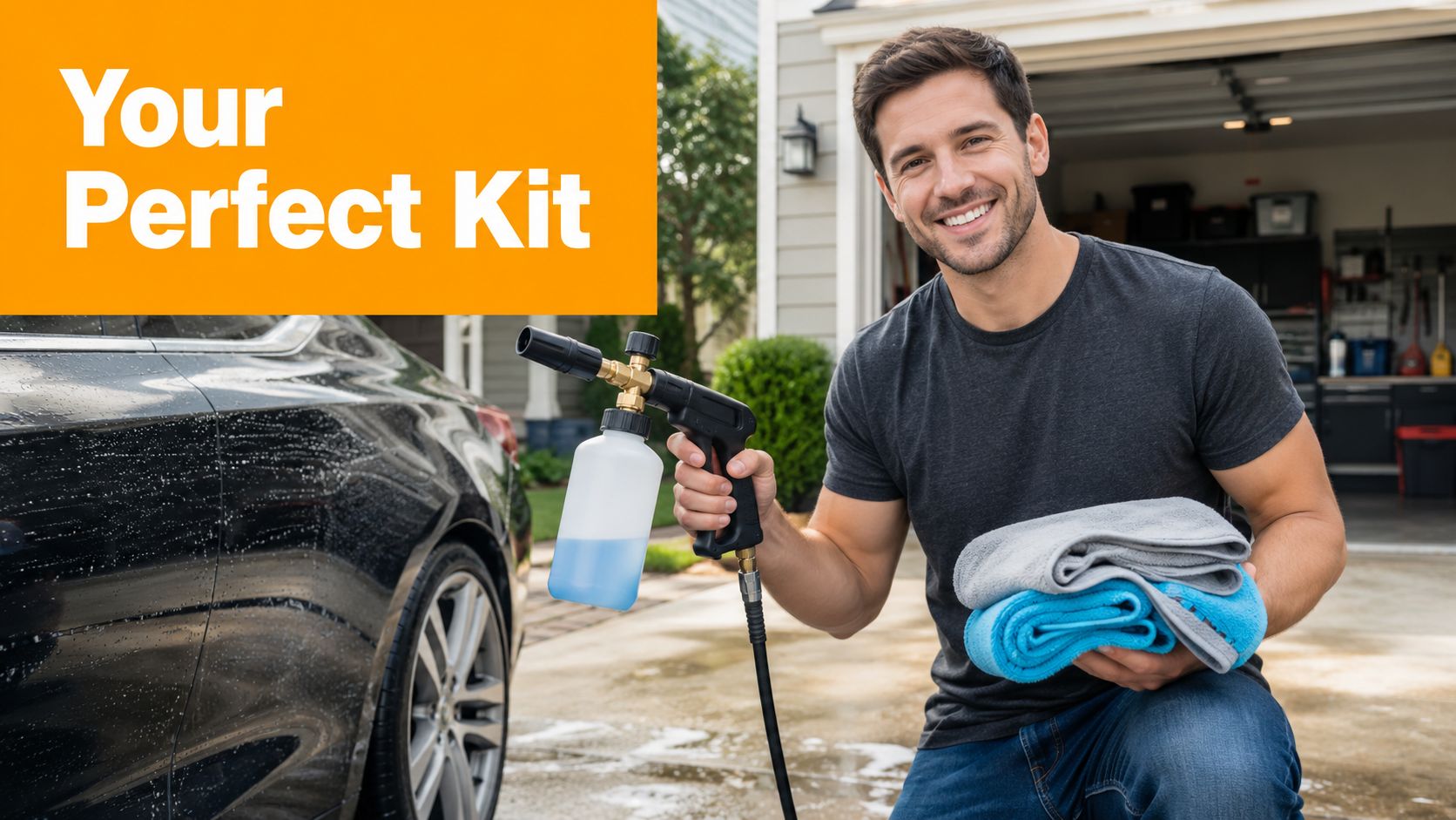 A smiling man preparing to wash a black car with a foam cannon and microfiber towels.