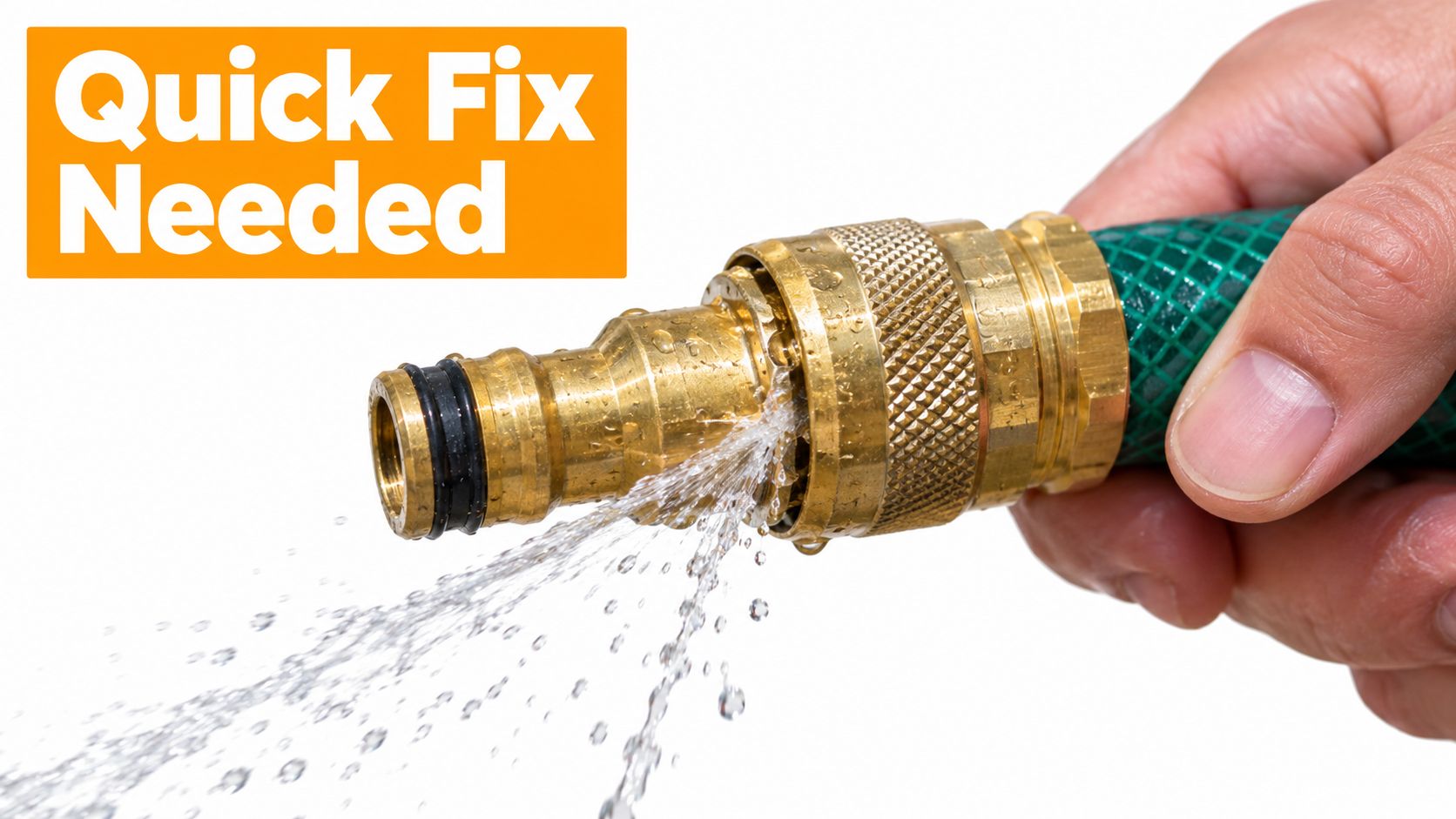 A close-up view of a hand holding a brass garden hose quick connector that is leaking water.