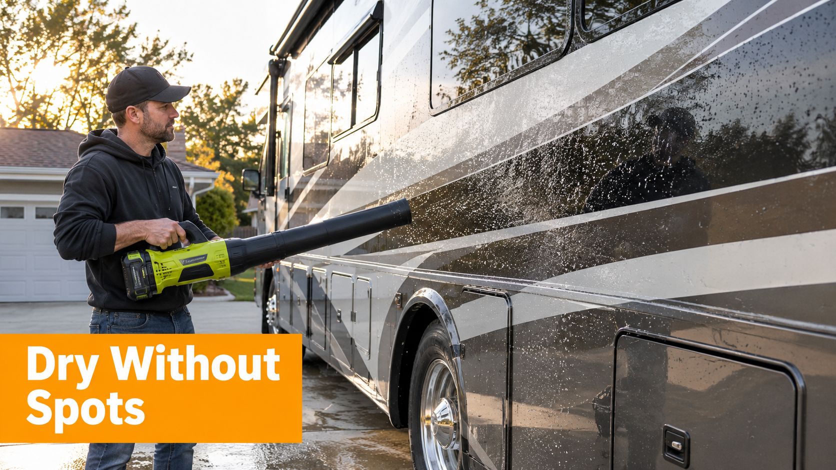 A man using a green cordless leaf blower to dry a wet recreational vehicle in a driveway.