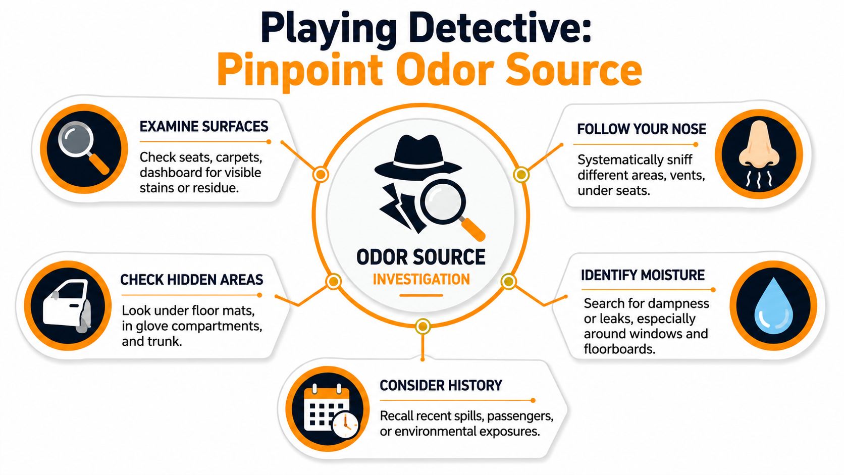 A diagnostic infographic titled Playing Detective: Pinpoint Odor Source offering five tips for finding car smells.
