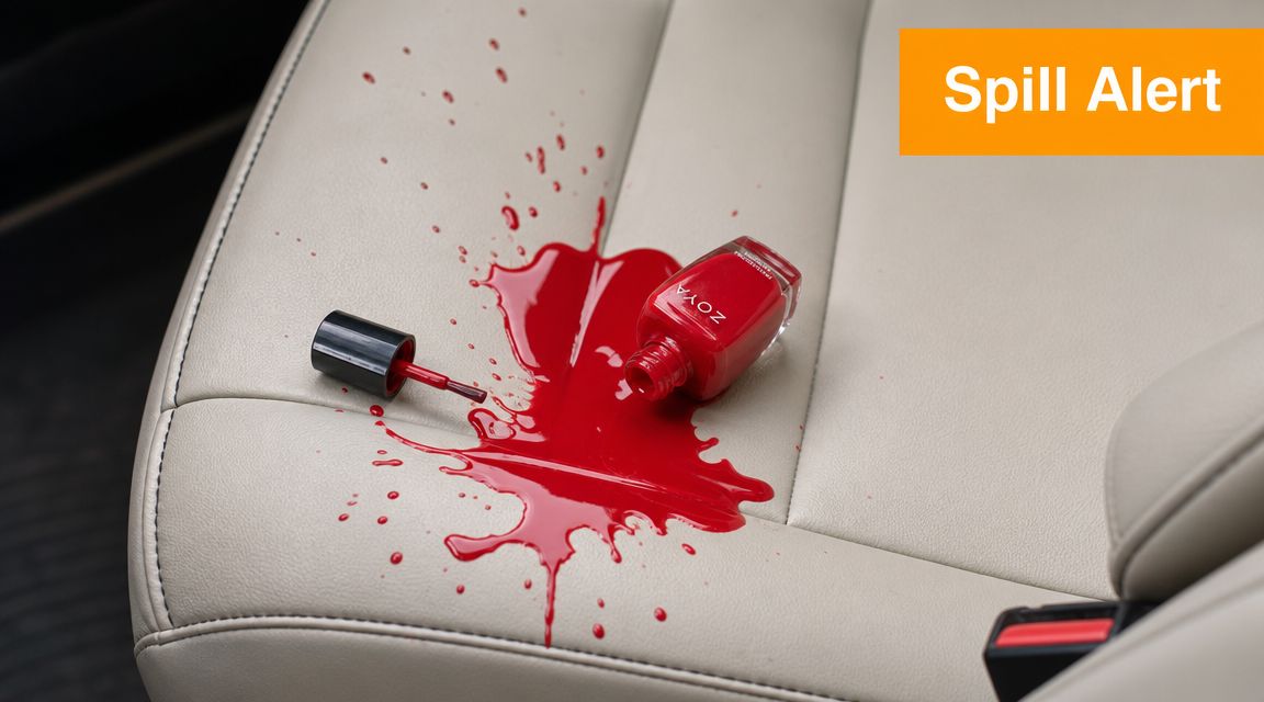 A red nail polish bottle has spilled onto a beige leather car seat, creating a large stain.
