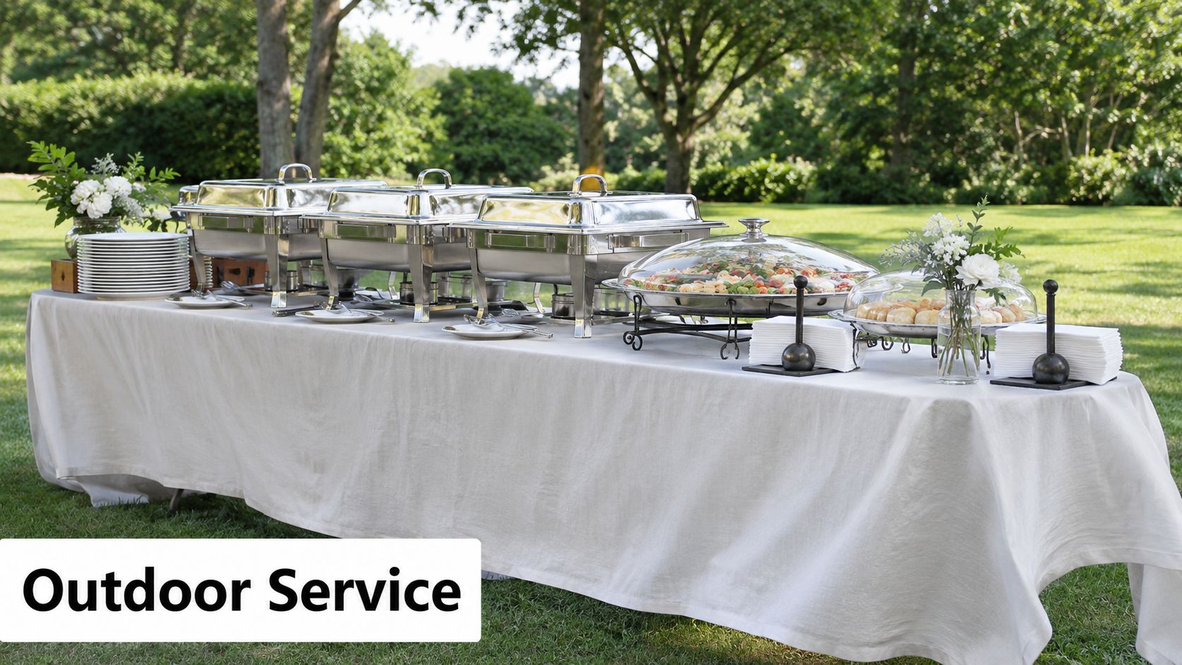 A long banquet table set up outdoors in a garden, featuring chafing dishes, food warmers, and napkins.