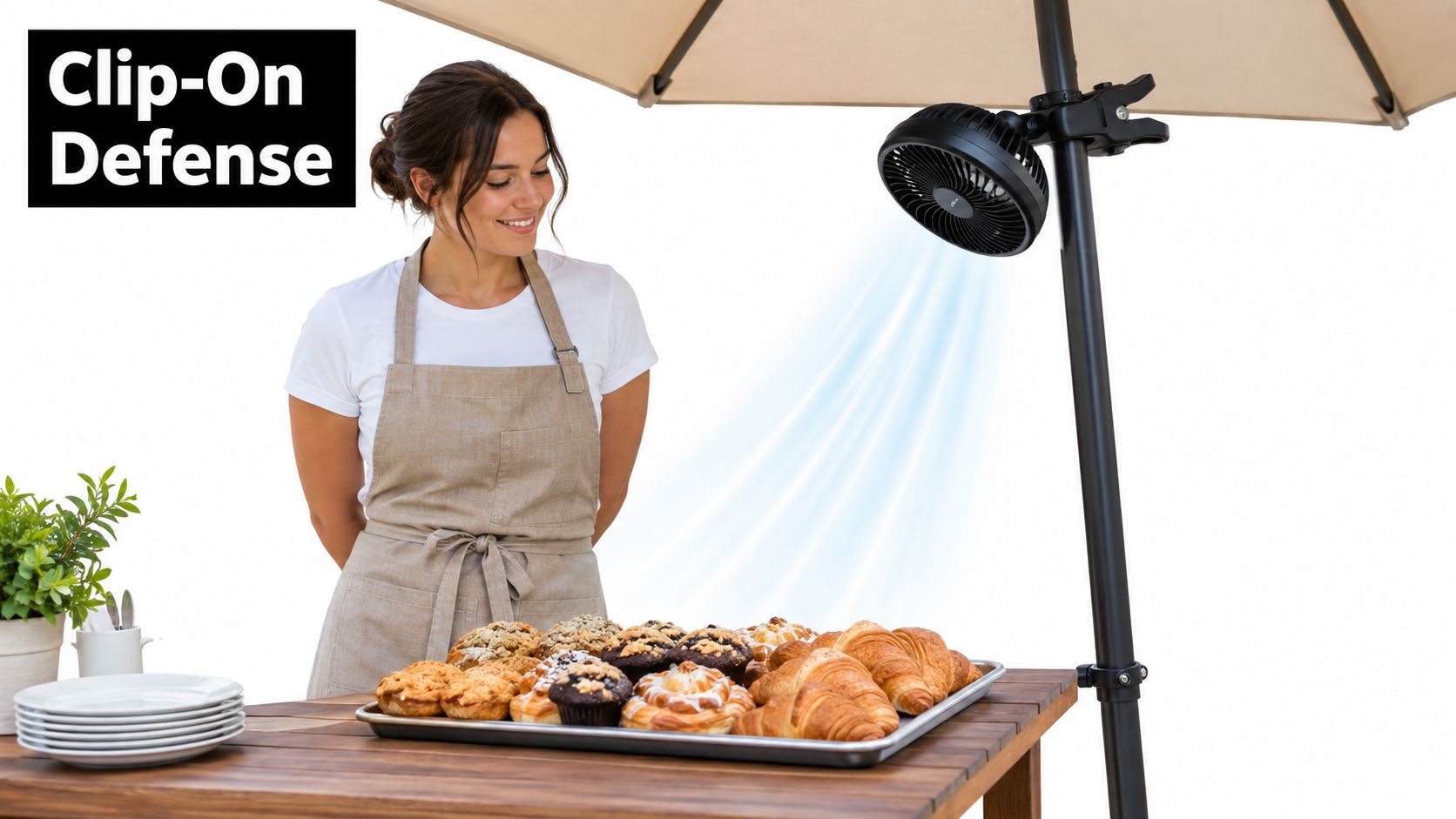 A woman in an apron looks at pastries while a battery operated clip-on fan blows over them.