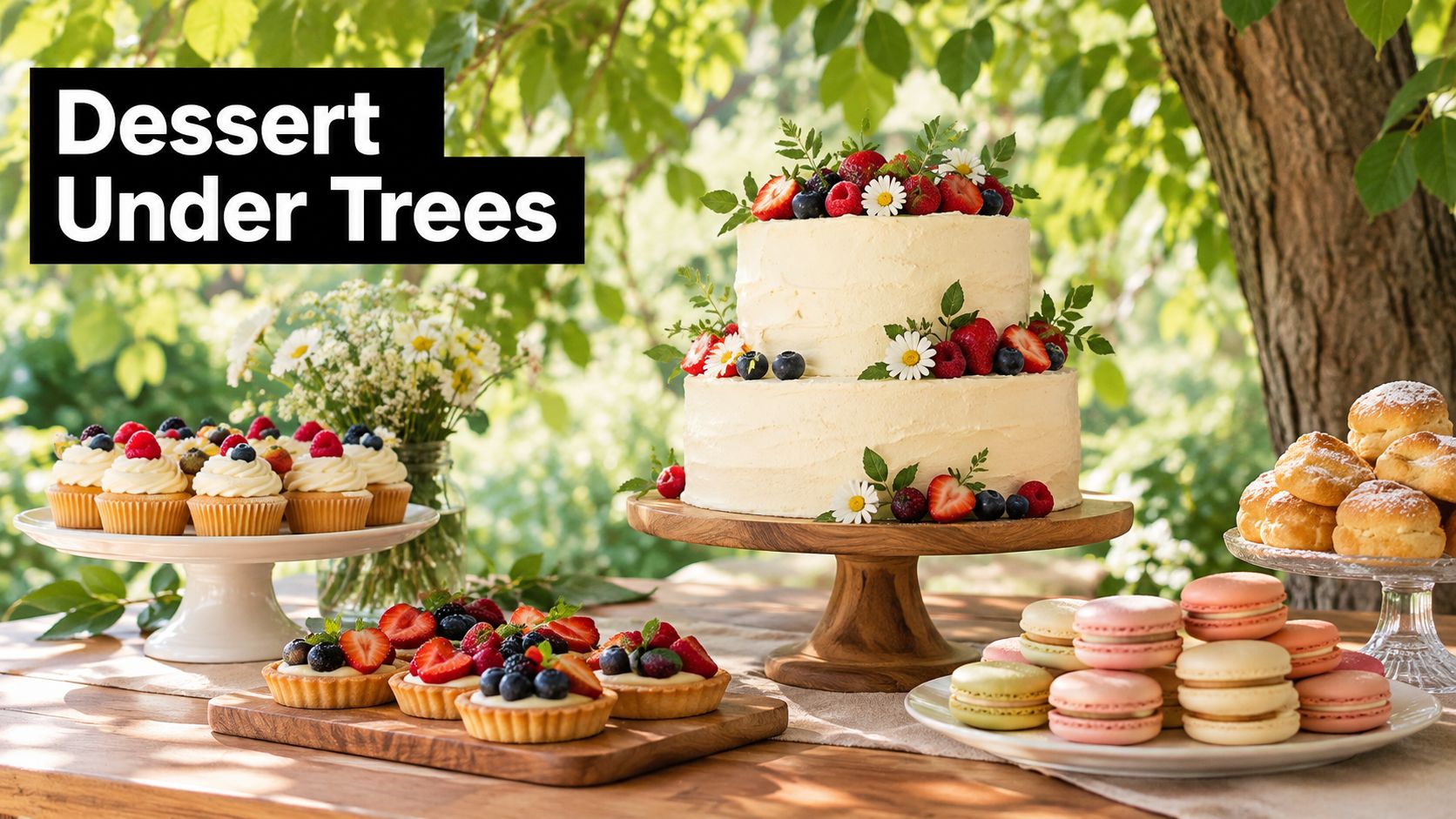 A rustic outdoor table set with a tiered wedding cake, cupcakes, fruit tarts, and pastel macarons.