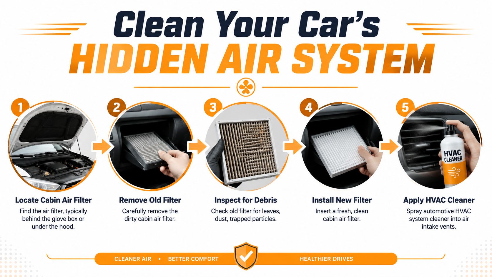 A 5-step infographic showing how to replace a car cabin air filter and clean the HVAC system.