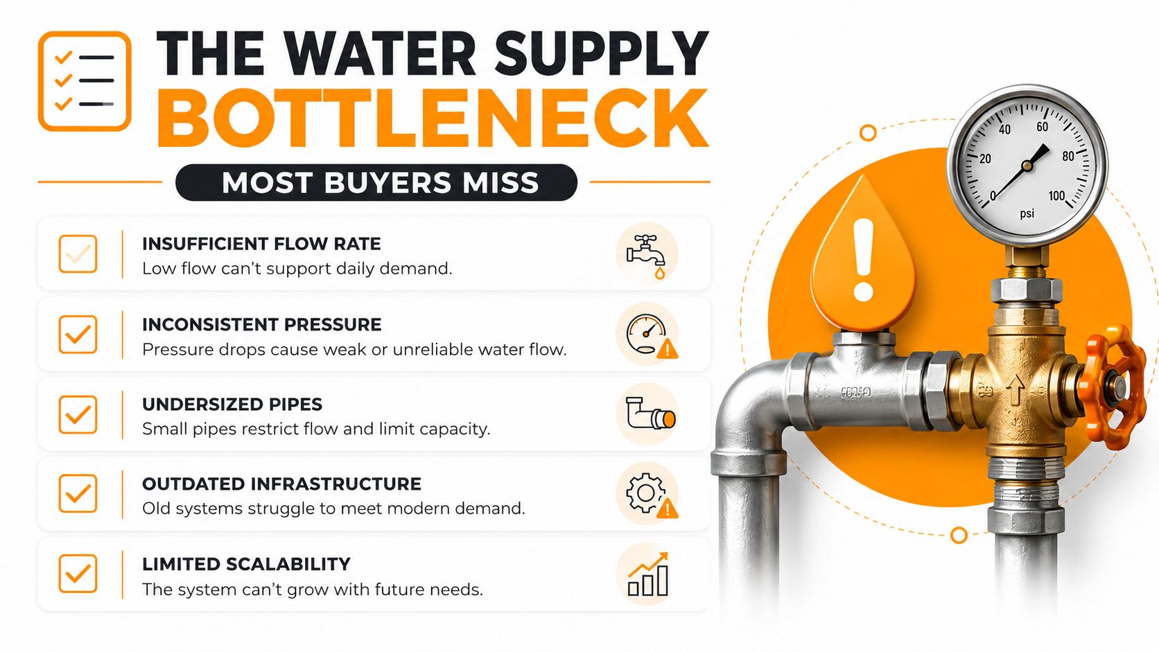 An infographic detailing five common water supply bottlenecks including flow rate, pressure, and infrastructure issues for property buyers.