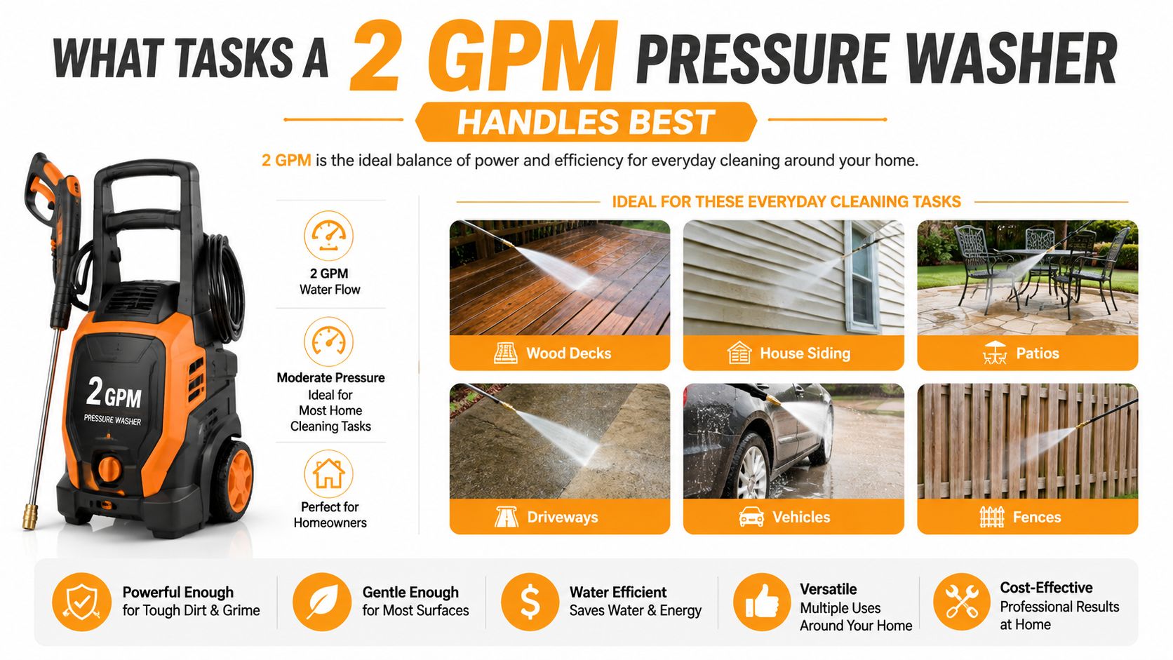 A 2 GPM pressure washer infographic highlighting ideal everyday home cleaning tasks and benefits of the unit.