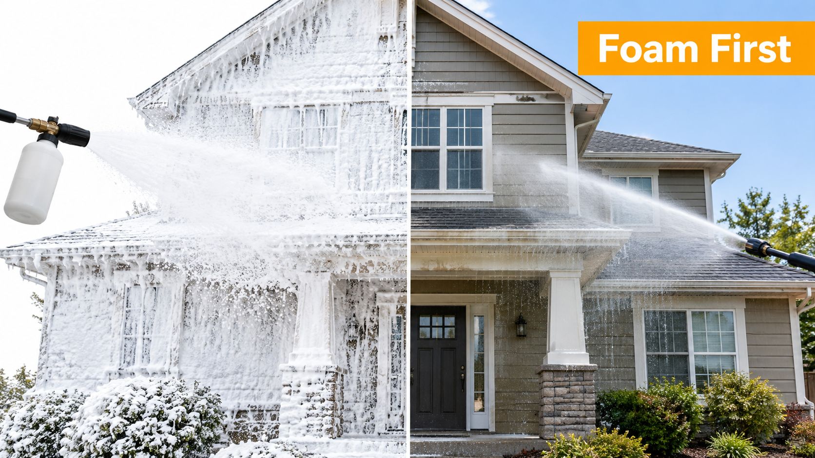 A split-screen comparison showing a foam cannon applying cleaning soap to a house and then rinsing it.