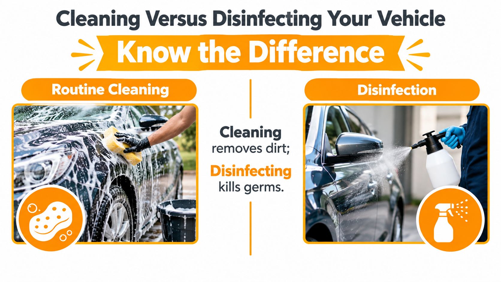 An educational infographic comparing the differences between routine cleaning and disinfection of a vehicle using spray and sponge.