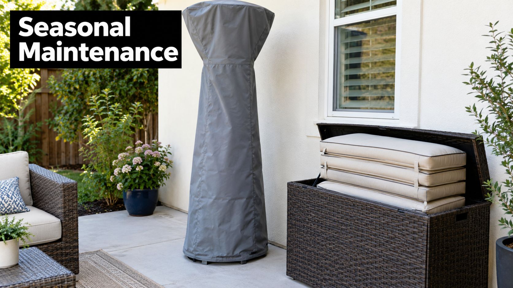 A covered patio heater and a wicker storage box with cushions on a paved outdoor patio space.