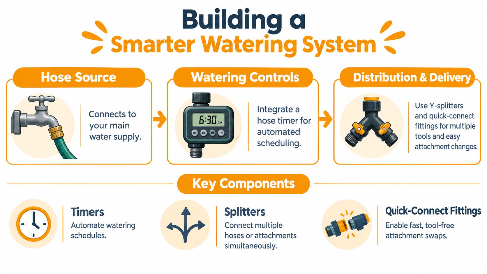 An infographic showing the components of a smarter garden watering system including hoses, timers, and splitters.