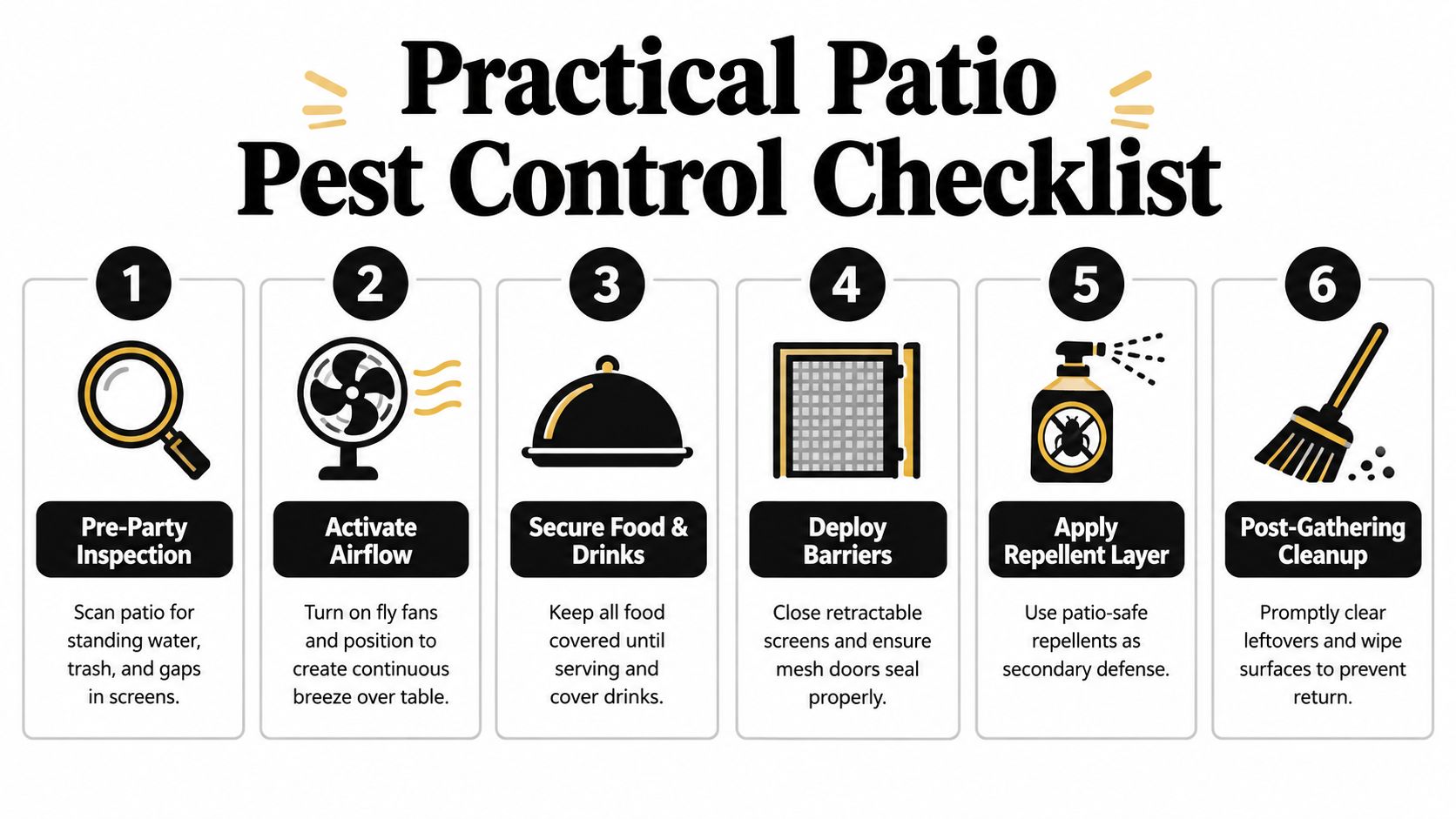 A six-step checklist titled Practical Patio Pest Control showing ways to manage insects outdoors.