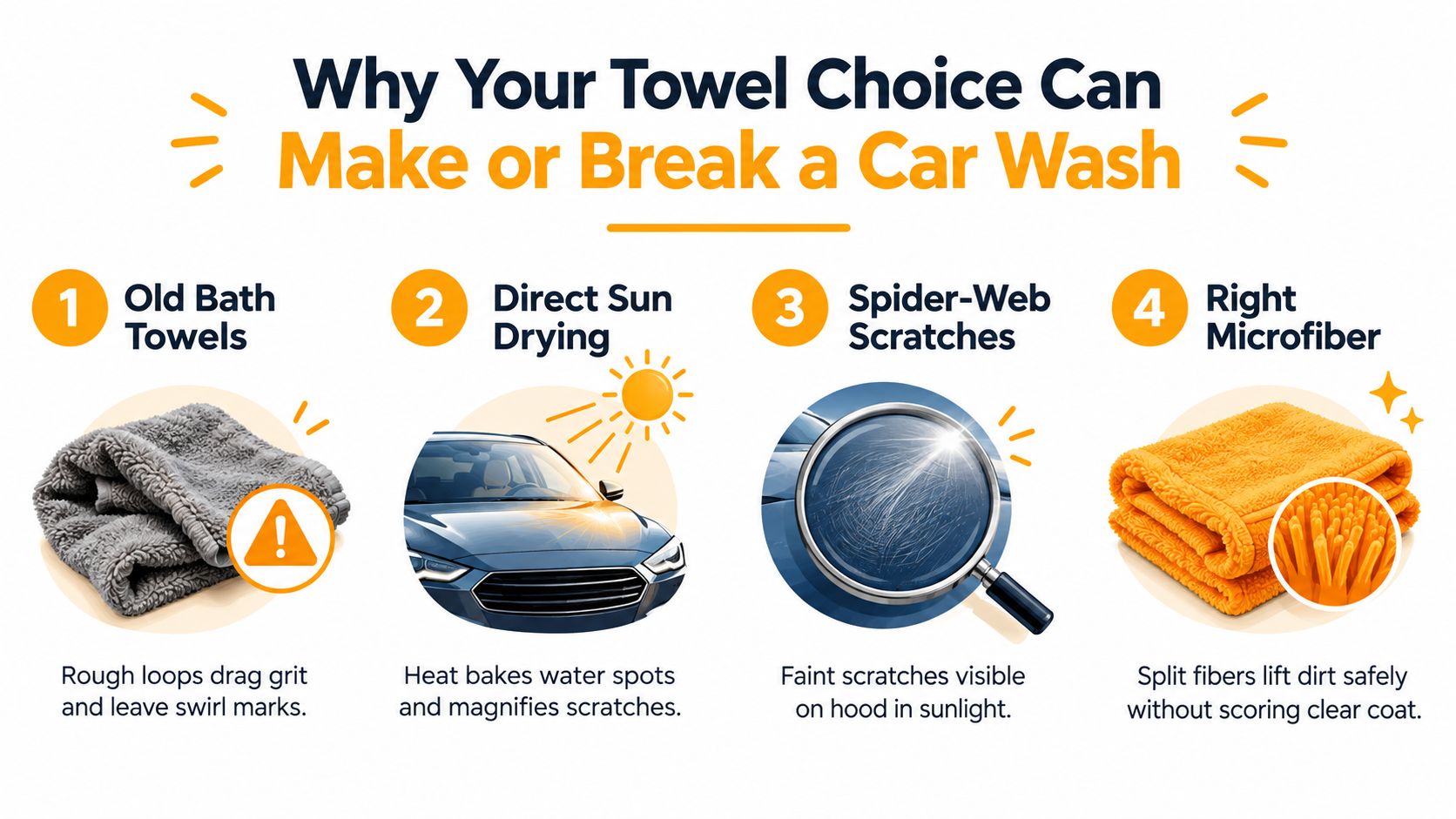 An infographic detailing why using correct microfiber towels is essential for preventing car wash damage.