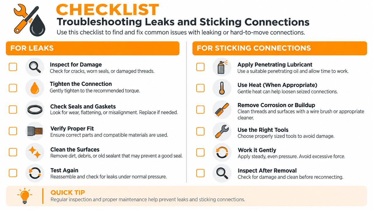 A troubleshooting checklist for fixing leaking or sticking connections in plumbing or garden maintenance systems.