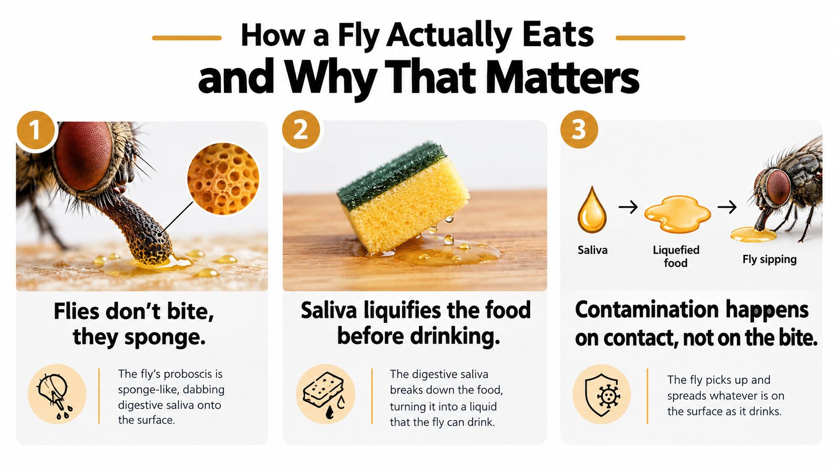 A diagram illustrating how flies consume food through sponging, liquefying with saliva, and spreading surface contaminants.