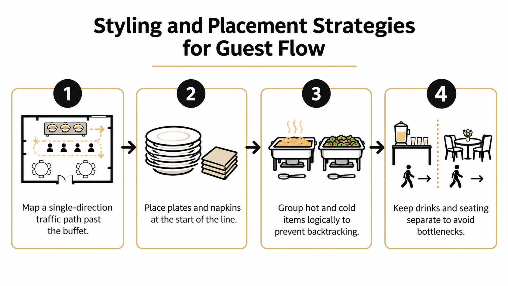 An infographic illustrating four strategic steps for organizing buffet table layouts to ensure smooth guest flow.