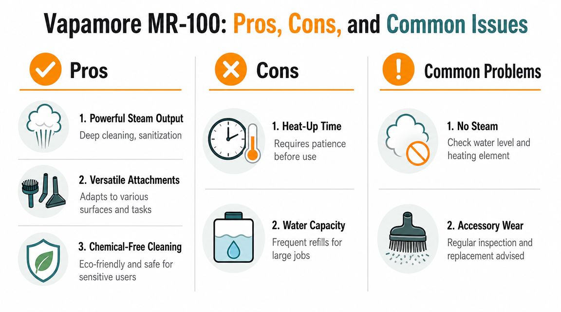An infographic summarizing the pros, cons, and common problems of the Vapamore MR-100 steam cleaner.