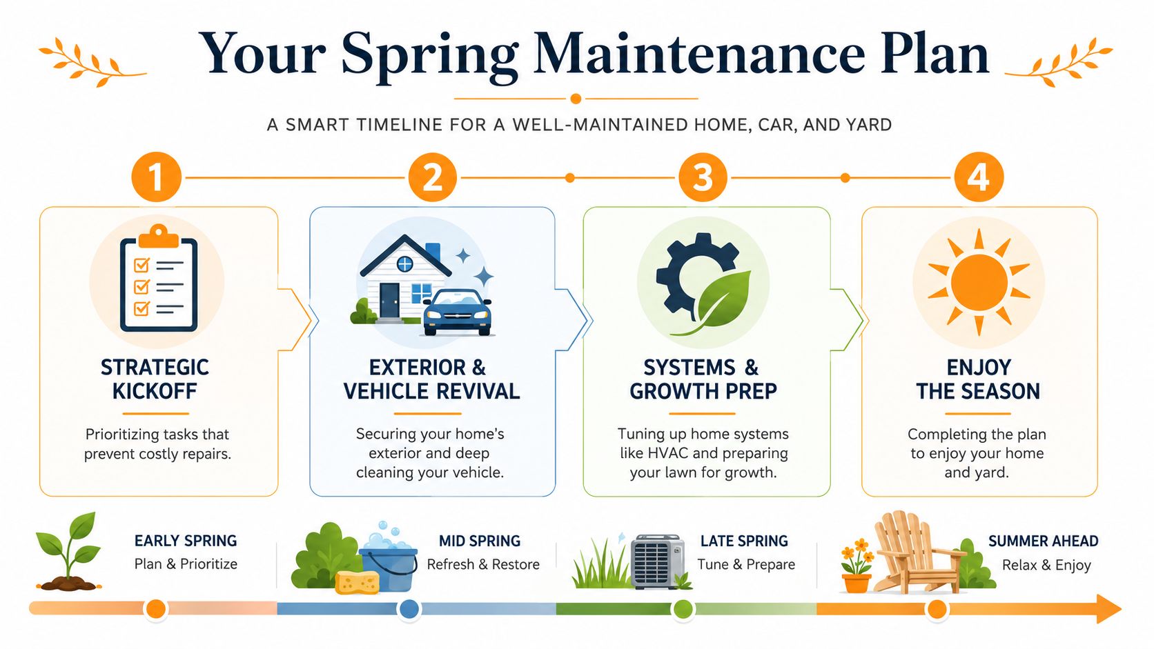 A spring maintenance plan infographic illustrating four steps to prepare your home, car, and yard for season.