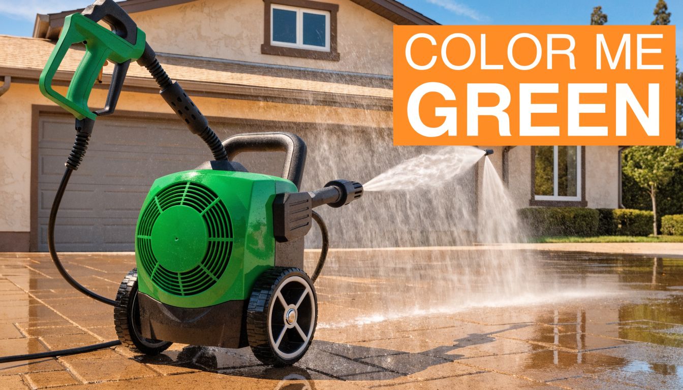 A green pressure washer cleaning a paved driveway in front of a residential house on a sunny day.