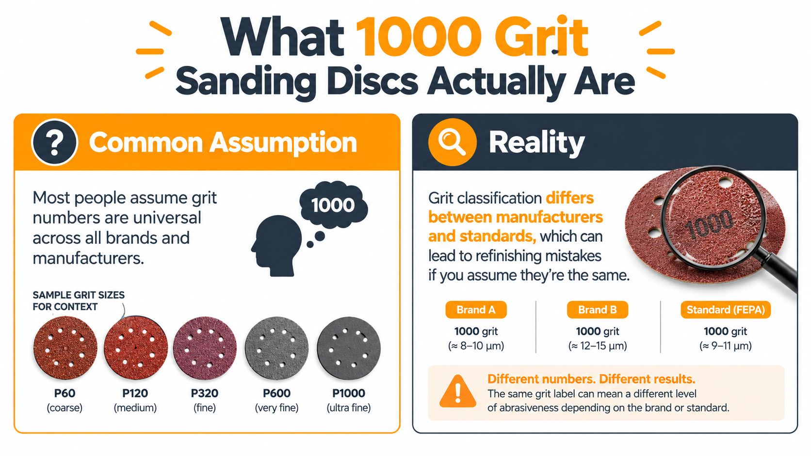 An infographic explaining how 1000 grit sanding discs vary in abrasive texture between different brands and standards.