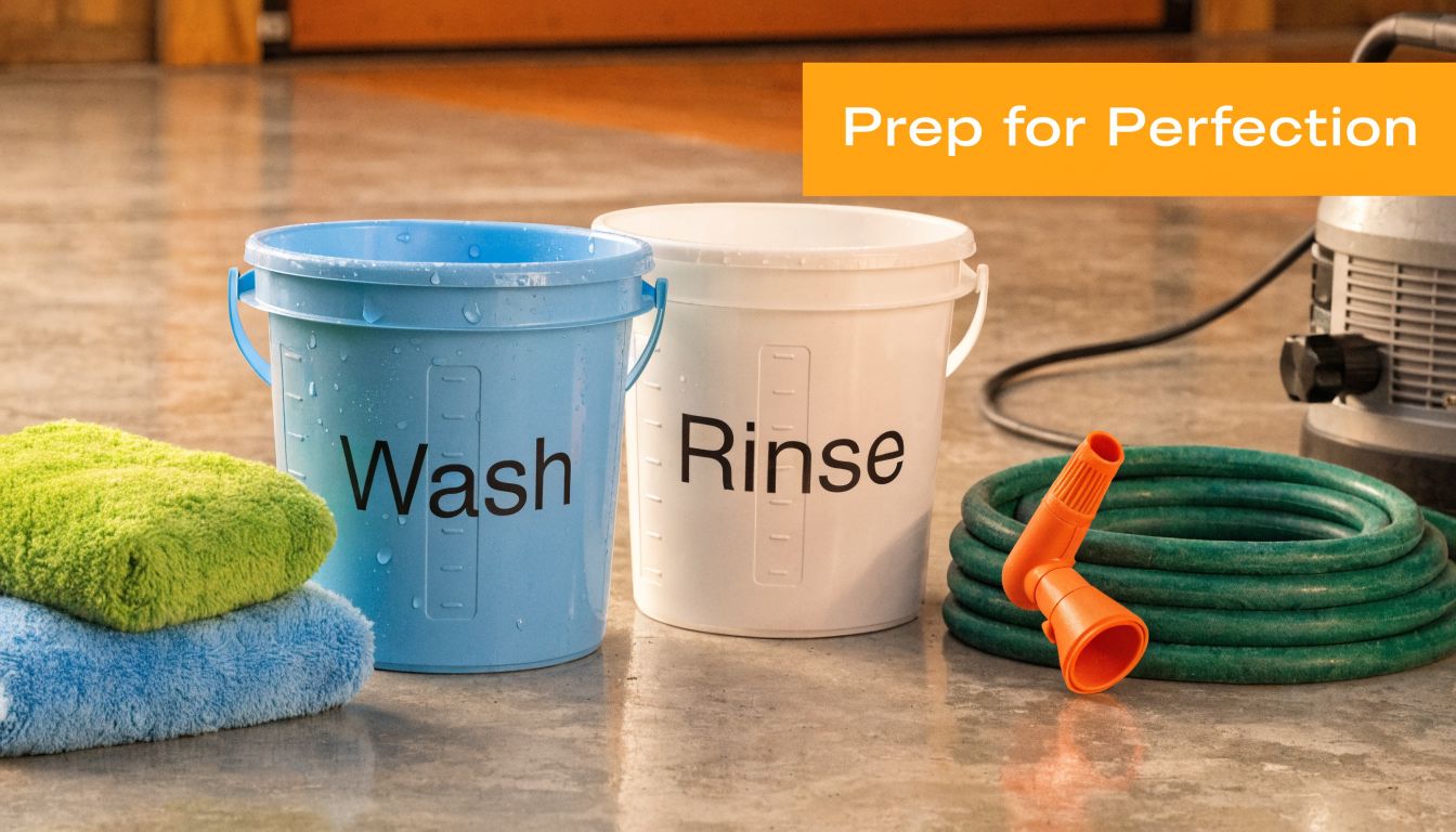 A car wash setup with two buckets labeled Wash and Rinse, cleaning cloths, and a garden hose.