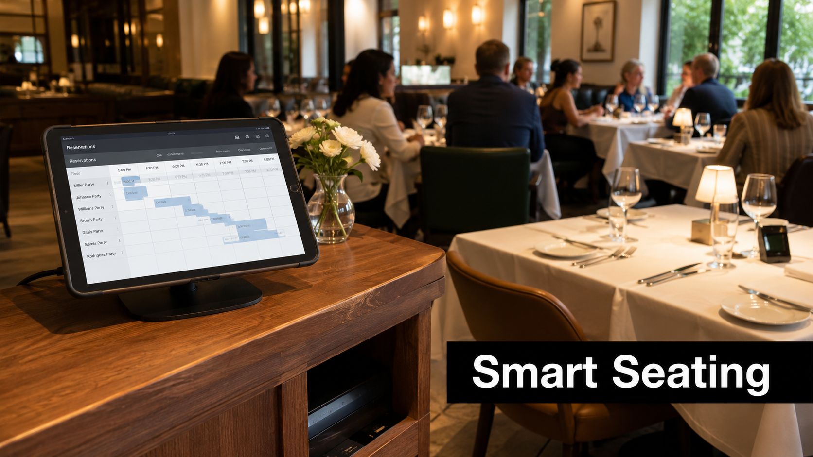 A digital restaurant reservation tablet on a wooden stand in a busy dining room setting.