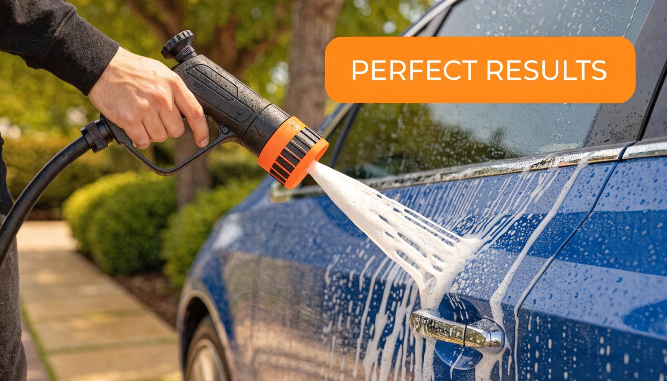 A person using a foam detail spray gun to wash a clean blue car on a driveway.