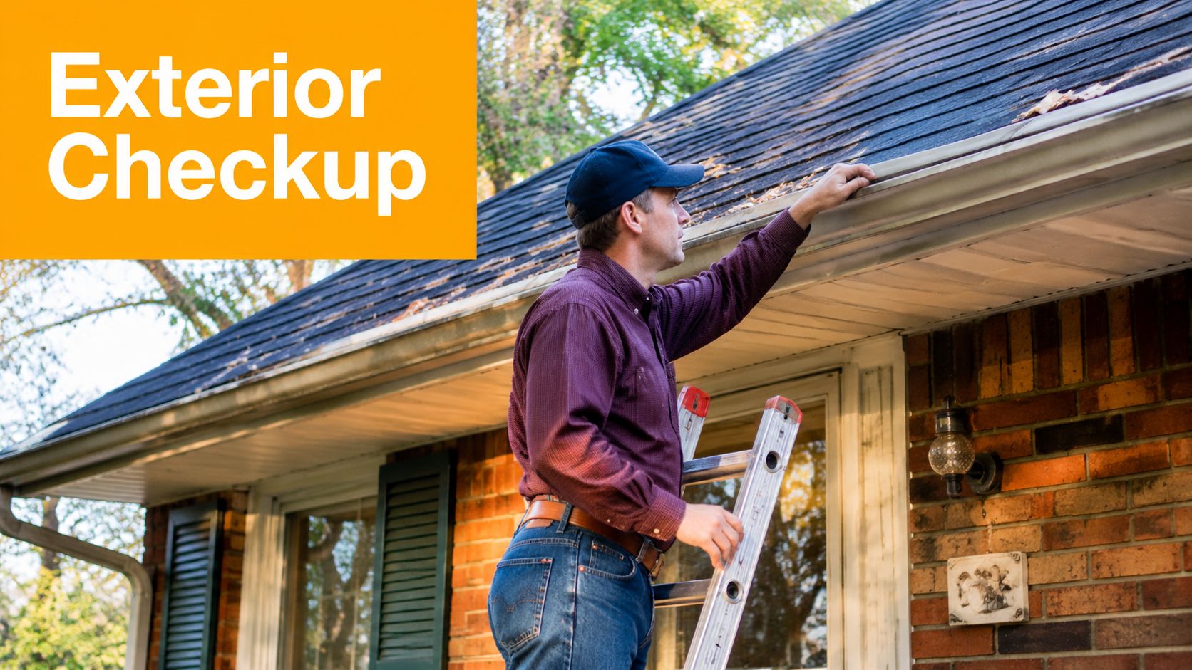 A man in a baseball cap stands on a ladder inspecting the roof gutters of a home.